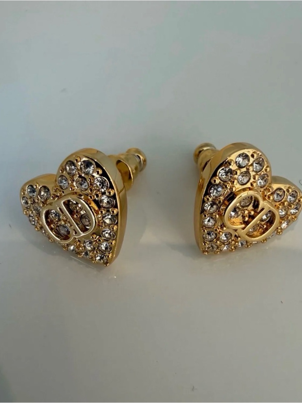 Dior Vintage Crystal Heart CD Logo Gold Tone Stud Earrings